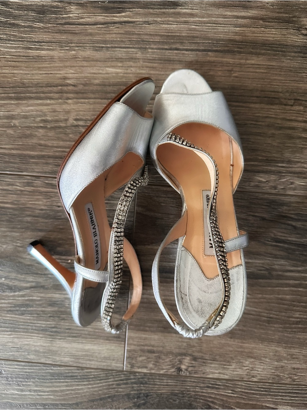 Manolo Blahnik Silver Crystal-Embellished Open-Toe Slingback Heels